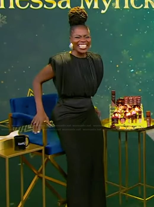 Danessa Myricks’ black padded shoulder dress on Tamron Hall Show