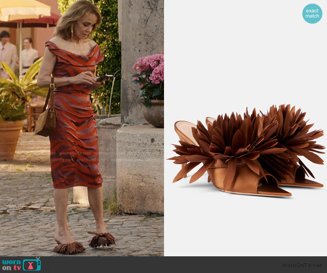 Daniah 85 appliqué crêpe satin mules worn by Sylvie (Philippine Leroy-Beaulieu) on Emily in Paris