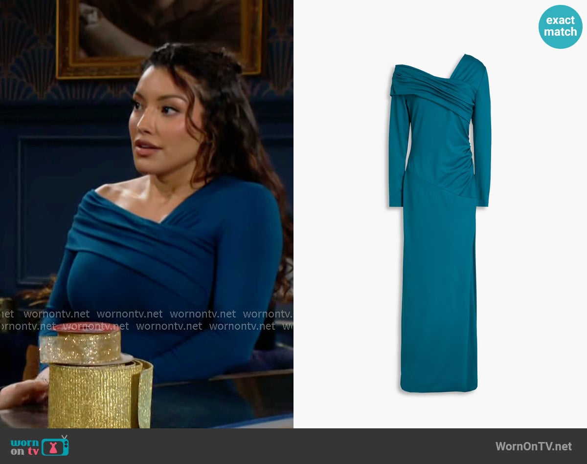 Diane von Furstenberg Dolores asymmetric draped jersey maxi dress worn by Audra Charles (Zuleyka Silver) on The Young and the Restless