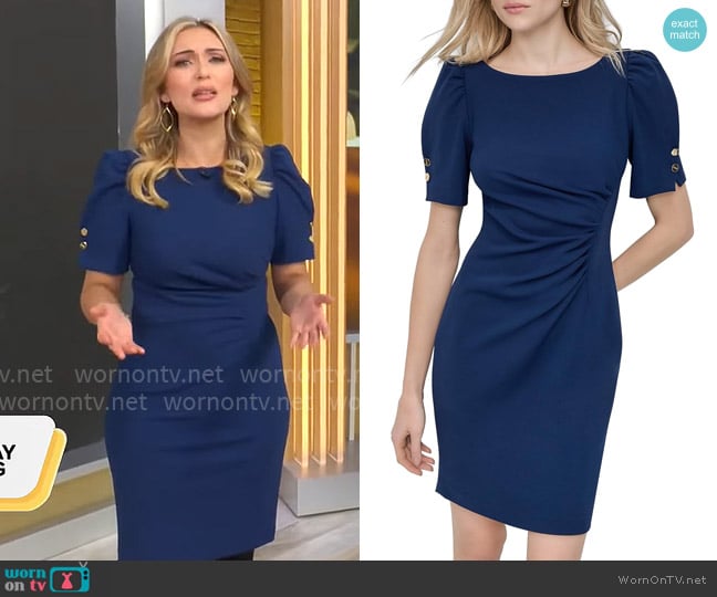 DKNY Button Short Sleeve Ruched Sheath Dress in Coastal Blue worn by Kelly O'Grady on CBS Mornings