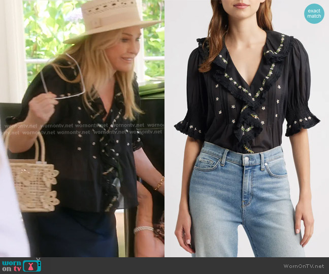 Doen Hettie Embroidered Ruffle Organic Cotton Top worn by Kathy Hilton on The Real Housewives of Beverly Hills