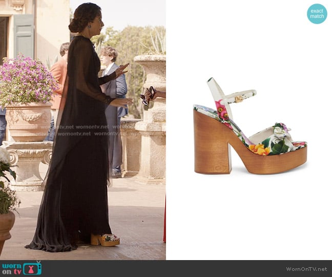 dolce & Gabbana Floral 125MM Platform Wedge Sandals worn by Princess Jane (Minnie Driver) on Emily in Paris