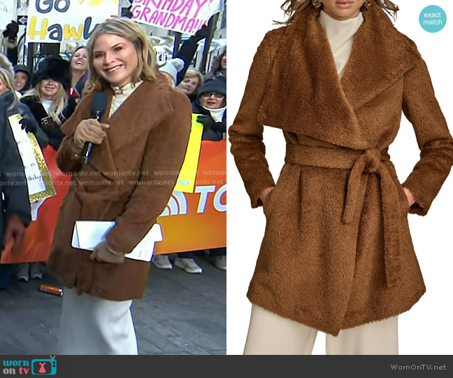 Donna Karan New York Faux Fur Wrap Coat in Tobacco worn by Jenna Bush Hager on Today
