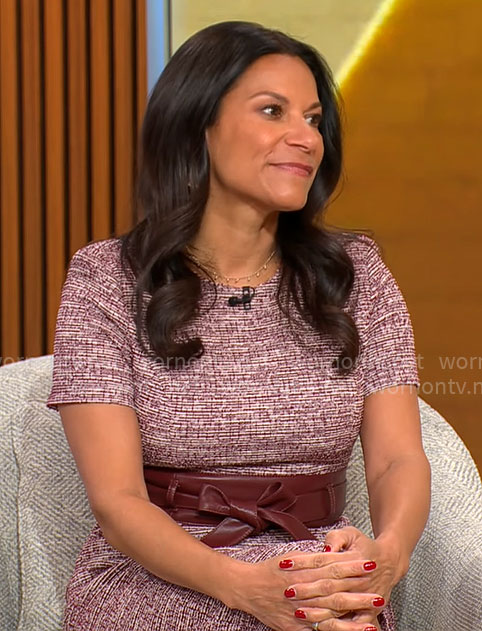 Dr Sheryl Gonzalez Ziegler’s burgundy short sleeve tweed dress on CBS Mornings