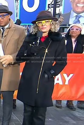 Dylan’s black fur collar zip coat on Today