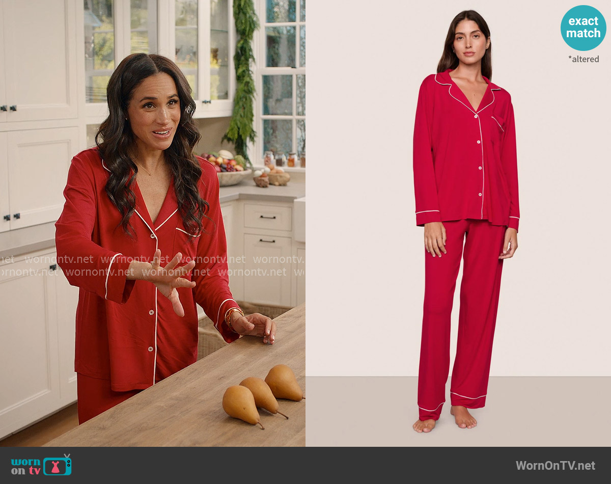 Eberjey Gisele Pajamas in Holly Red worn by Meghan Markle on With Love Meghan