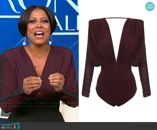 Elisabetta Franchi V-neck long-sleeve bodysuit worn by Tamron Hall on Tamron Hall Show