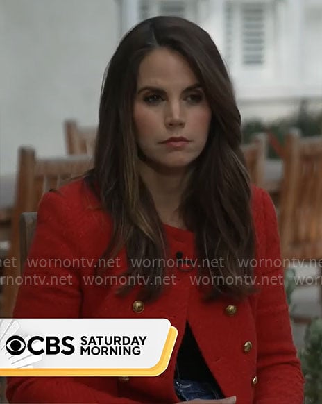 Elizabeth Cook’s red jacket with gold buttons on CBS Mornings