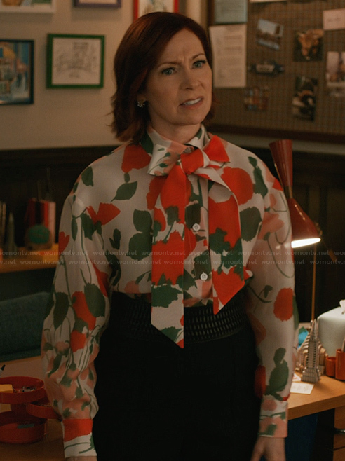 Elsbeth’s rose print tie neck blouse on Elsbeth