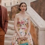 Emily’s floral print strapless flare dress on Emily in Paris