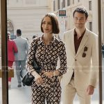 Emily’s geometric print jumpsuit on Emily in Paris