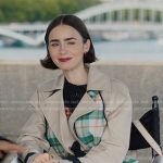 Emily’s plaid trench coat and res check dress on Emily in Paris