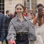 Emily’s striped balloon sleeve blouse and denim skirt on Emily in Paris
