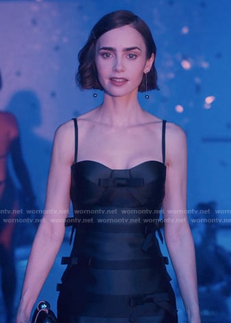 Emily’s black bow detail dress on Emily in Paris