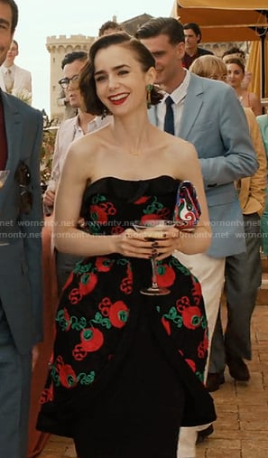Emily’s black floral print dress on Emily in Paris