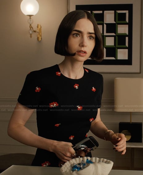 Emily’s black floral print sheath dress on Emily in Paris