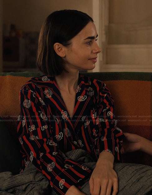 Emily’s black paisley print pajamas on Emily in Paris
