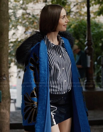 Emily’s blue floral embroidered coat on Emily in Paris