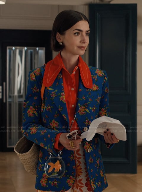 Emily’s blue floral print blazer on Emily in Paris