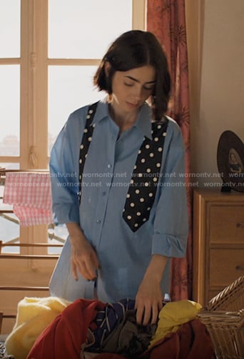 Emily’s blue tie print shirt on Emily in Paris