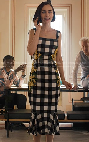Emily’s check and floral embroidered dress on Emily in Paris