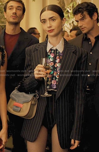 Emily’s floral embellished shirt on Emily in Paris