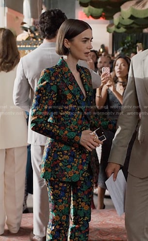 Emily’s floral jacquard blazer and pant suit on Emily in Paris