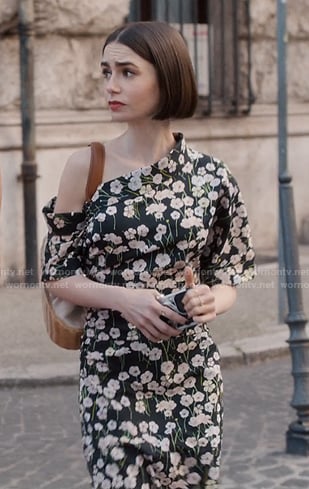 Emily’s floral print asymmetric neckline dress on Emily in Paris