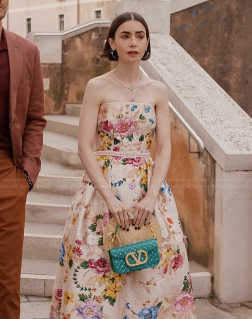 Emily’s floral print strapless flare dress on Emily in Paris