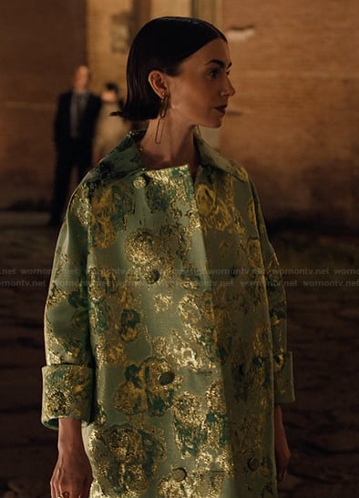 Emily’s green floral metallic coat on Emily in Paris