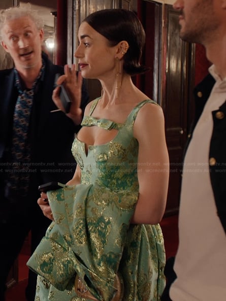 Emily’s green floral metallic dress on Emily in Paris