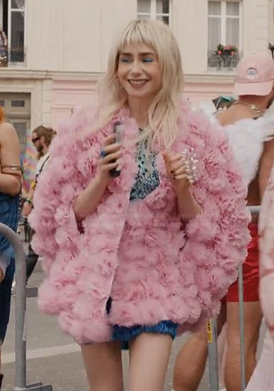 Emily’s pink ruffle coat and ruched dress on Emily in Paris