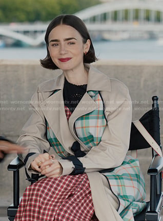 Emily’s plaid trench coat and res check dress on Emily in Paris