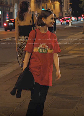 Emily’s red Central Perk print tee on Emily in Paris