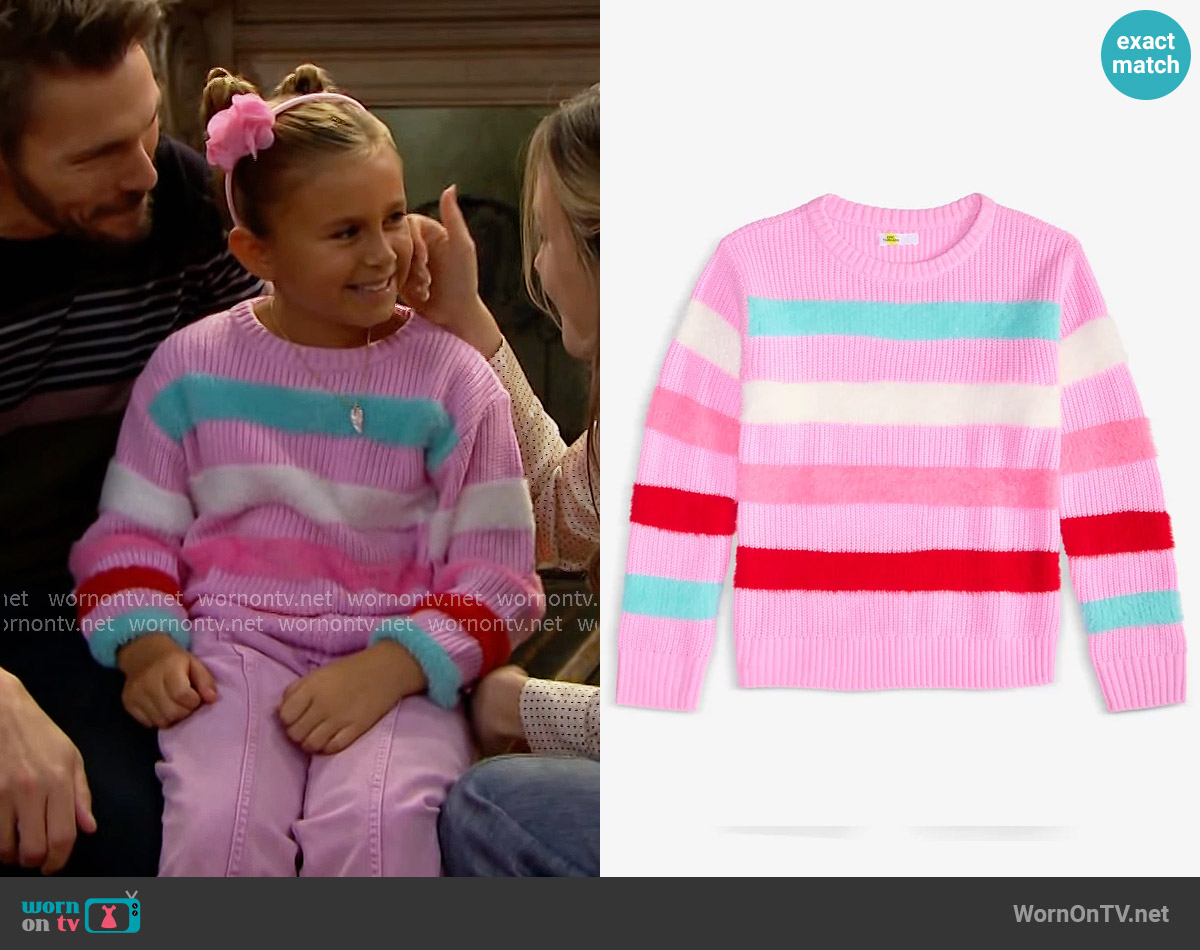 Epic Threads Feather Stripe Long-Sleeve Sweater in BonBon Pink worn by Beth Spencer (Jordyn Lynn Ariza) on The Bold and the Beautiful