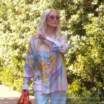 Erika’s printed silk shirt and pants on The Real Housewives of Beverly Hills
