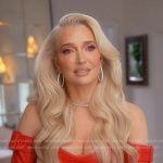 Erika’s red leather off-shoulder confessional outfit on The Real Housewives of Beverly Hills