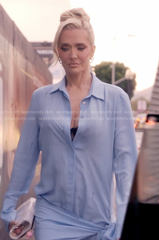 Erika’s blue tie waist shirtdress on The Real Housewives of Beverly Hills