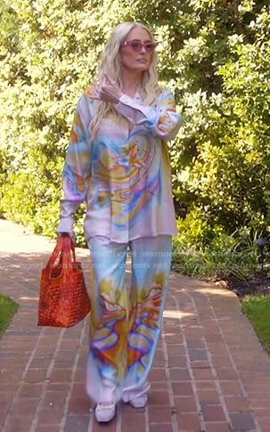Erika’s printed silk shirt and pants on The Real Housewives of Beverly Hills