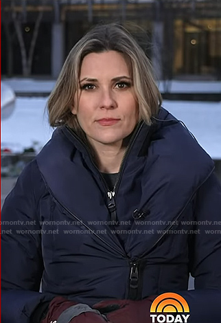 Erin McLaughlin’s navy hooded zip puffer jacket on Today