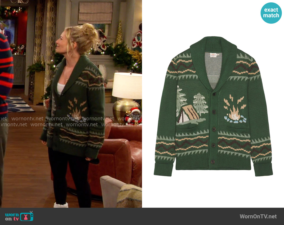 Faherty Camp Cardigan in Forest Lake worn by Gemma (Beth Behrs) on The Neighborhood