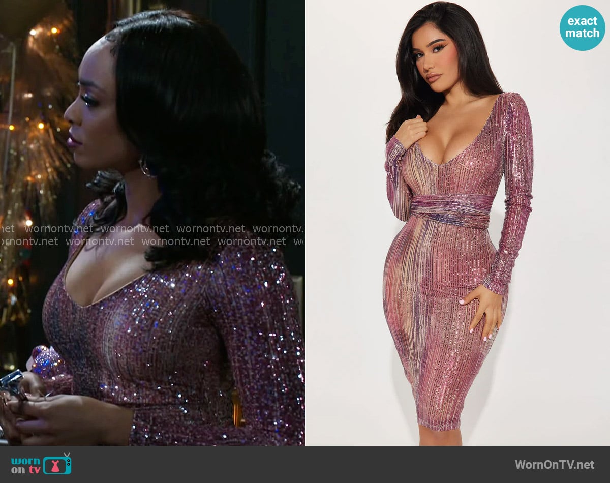 Fashion Nova Serelle Sequin Midi Dress worn by Madison Montgomery (Kenjah) on Beyond the Gates