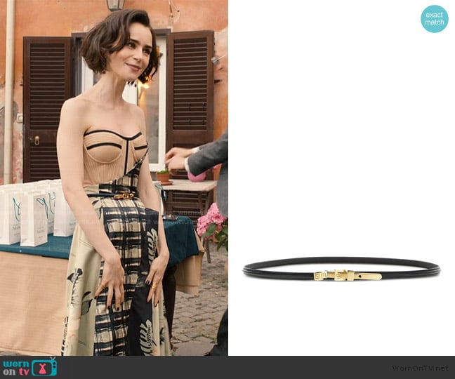 Fendi FF engraved metal loop belt worn by Emily Cooper (Lily Collins) on Emily in Paris