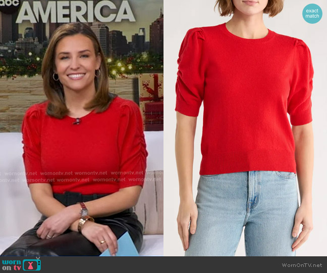 Frame Frankie Puff Short Sleeve Sweater in Cherry Red worn by Mary Bruce on Good Morning America