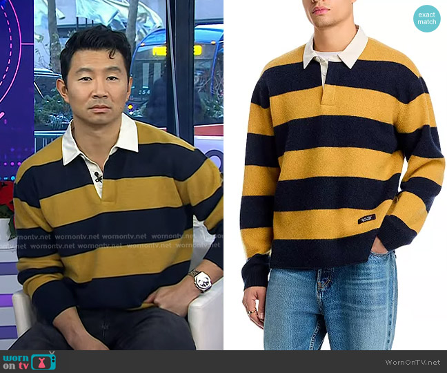 Frame x The Society Archive Rugby Polo Sweater in Dark Navy worn by Simu Liu on Today