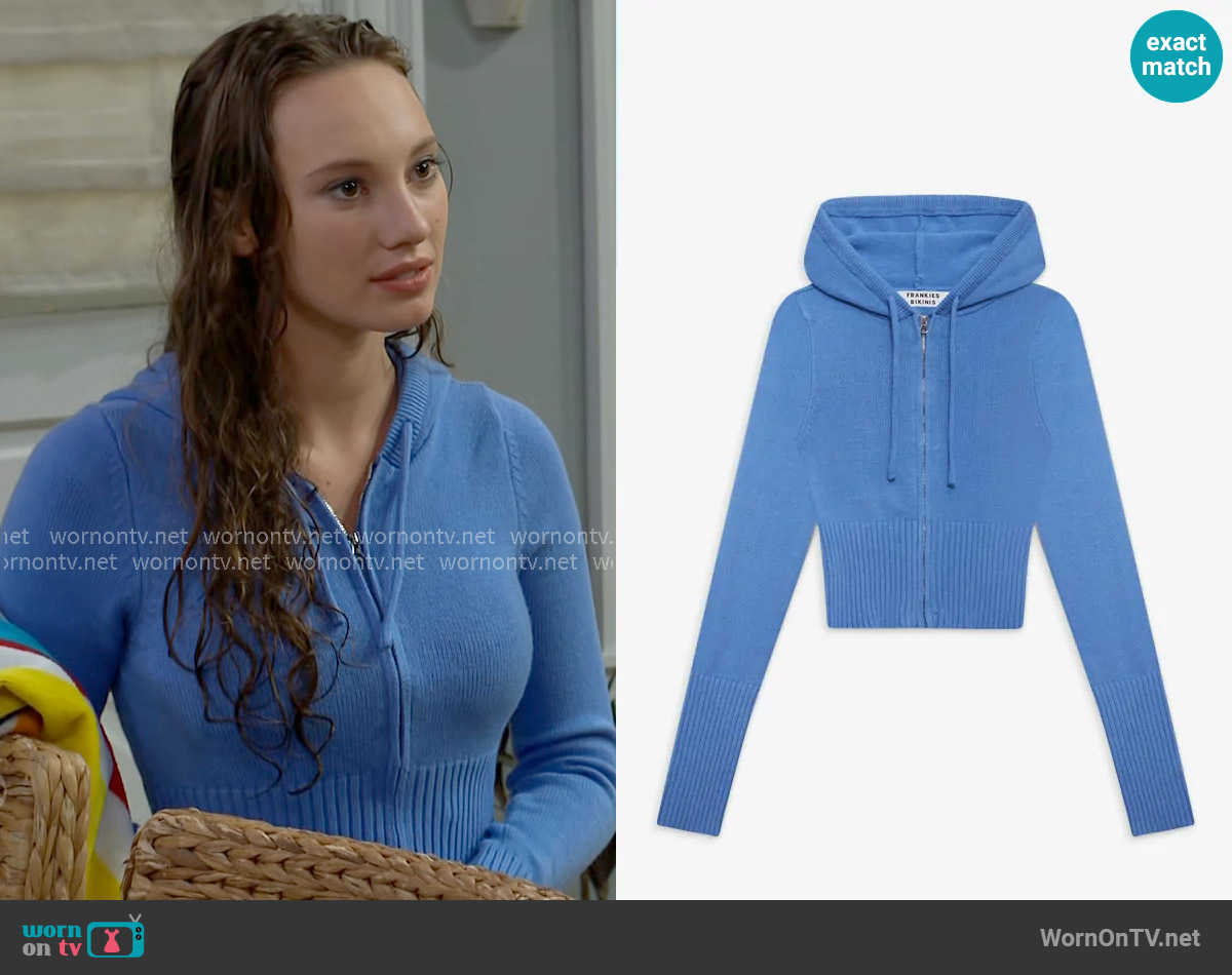 Frankies Bikinis Aimee Zip Up Hoodie in Blue Moon worn by Melissa Dylan (Sydney Bullock) on The Bold and the Beautiful