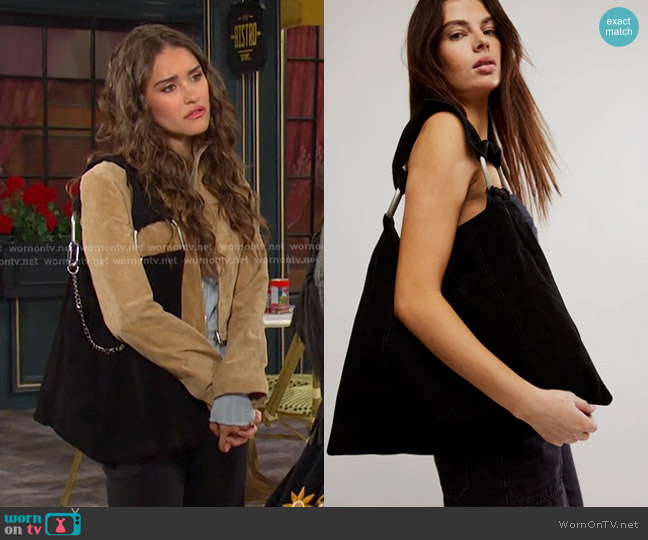 Free People Bobbi Slouch Suede Tote in Black worn by Arianna Horton (Marissa Reyes) on Days of our Lives