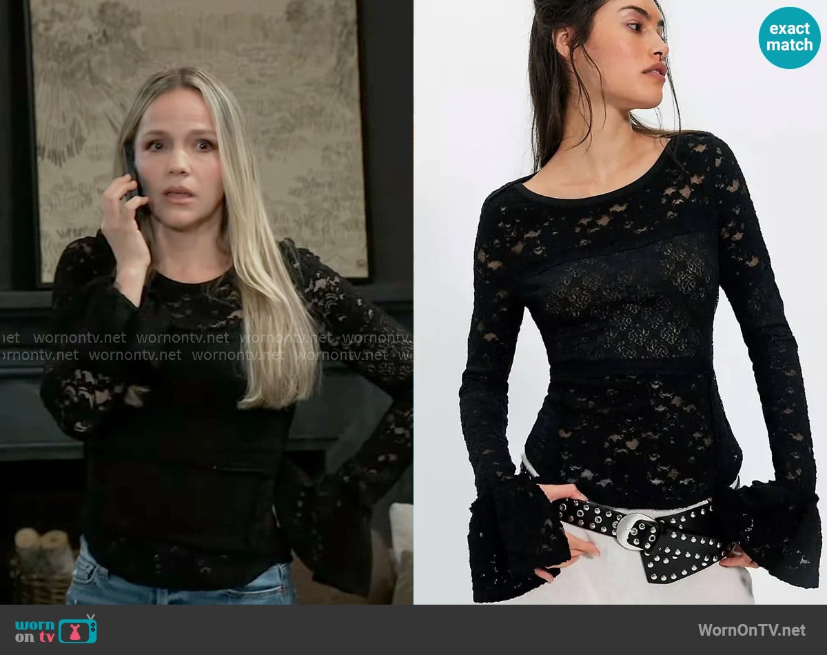 Free People Sheer Lace Flared Long Sleeve Top in Black worn by Lulu Spencer (Alexa Havins Bruening) on General Hospital