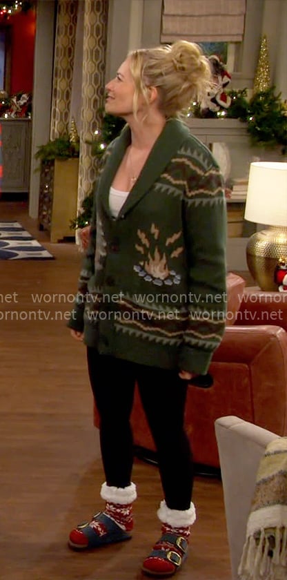 Gemma’s green printed cardigan on The Neighborhood