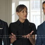 Genevieve’s black short jacket and mini skirt on Emily in Paris